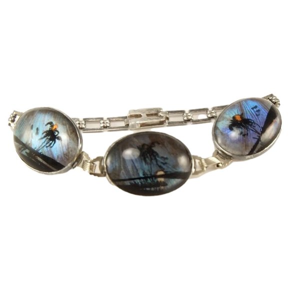Vintage Jewelry - Sterling bracelet with painted butterfly wing background art deco 20's - 7 1/4"